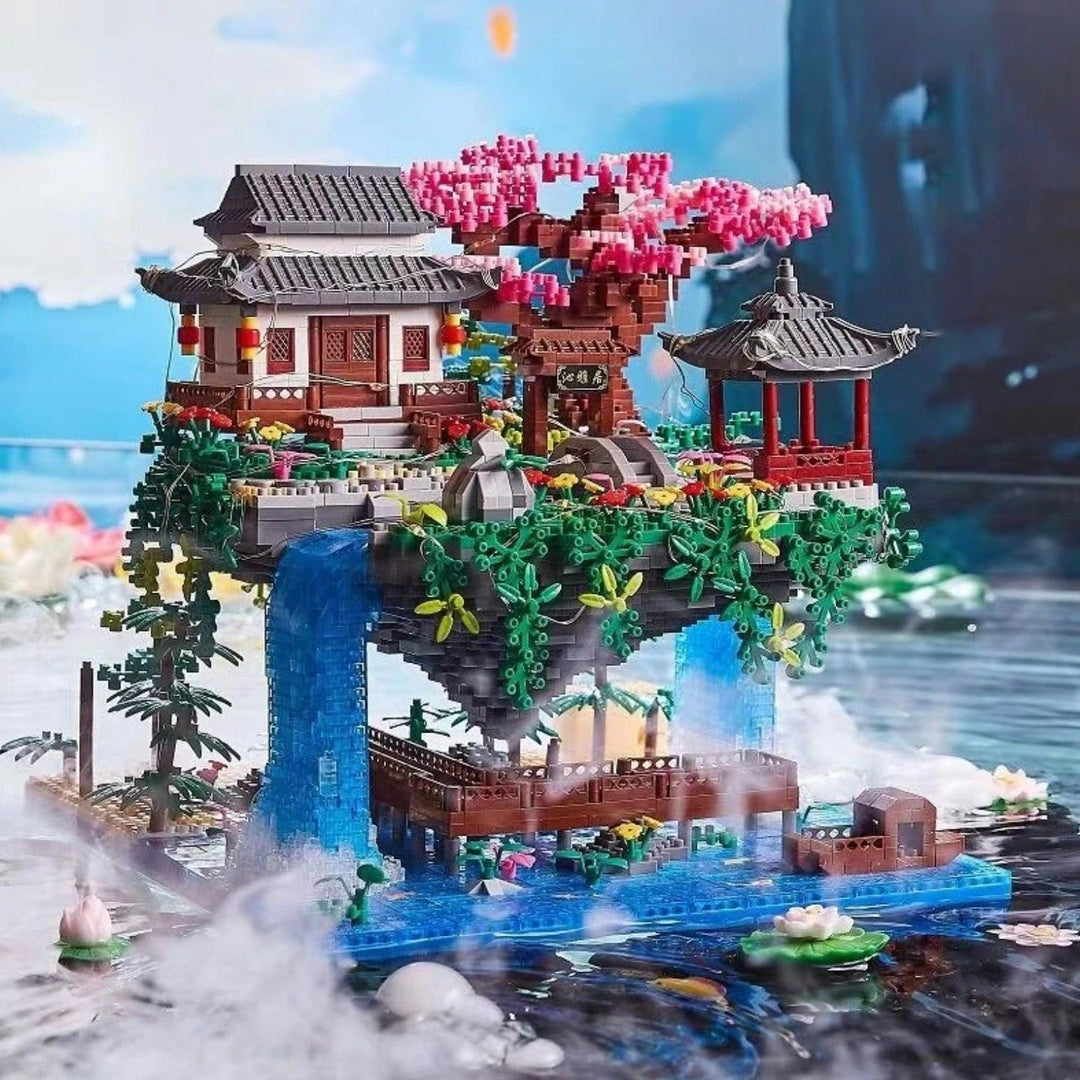 Skanto | Fossfall Japansk Hus Sakura Tre Flytende Øy Nano Byggeklosser | Begrenset Lager