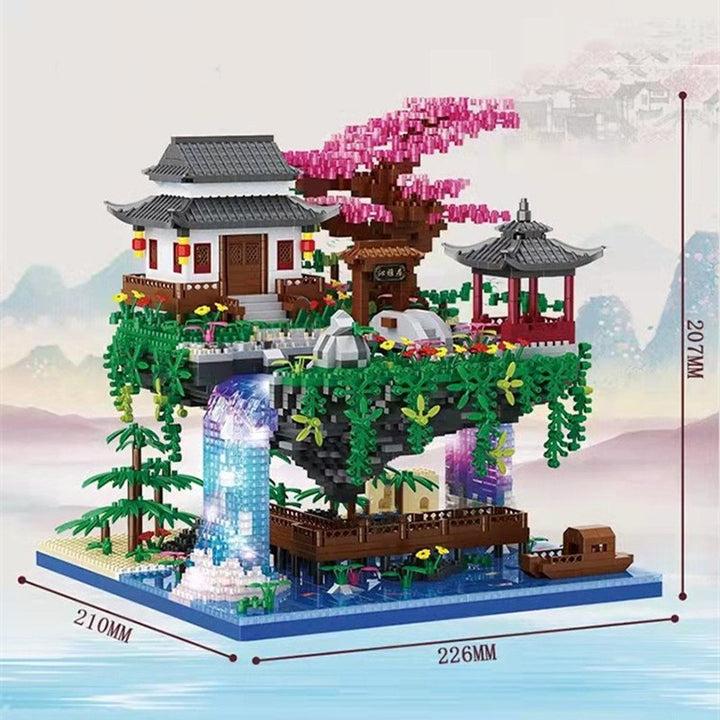 Skanto | Fossfall Japansk Hus Sakura Tre Flytende Øy Nano Byggeklosser | Begrenset Lager