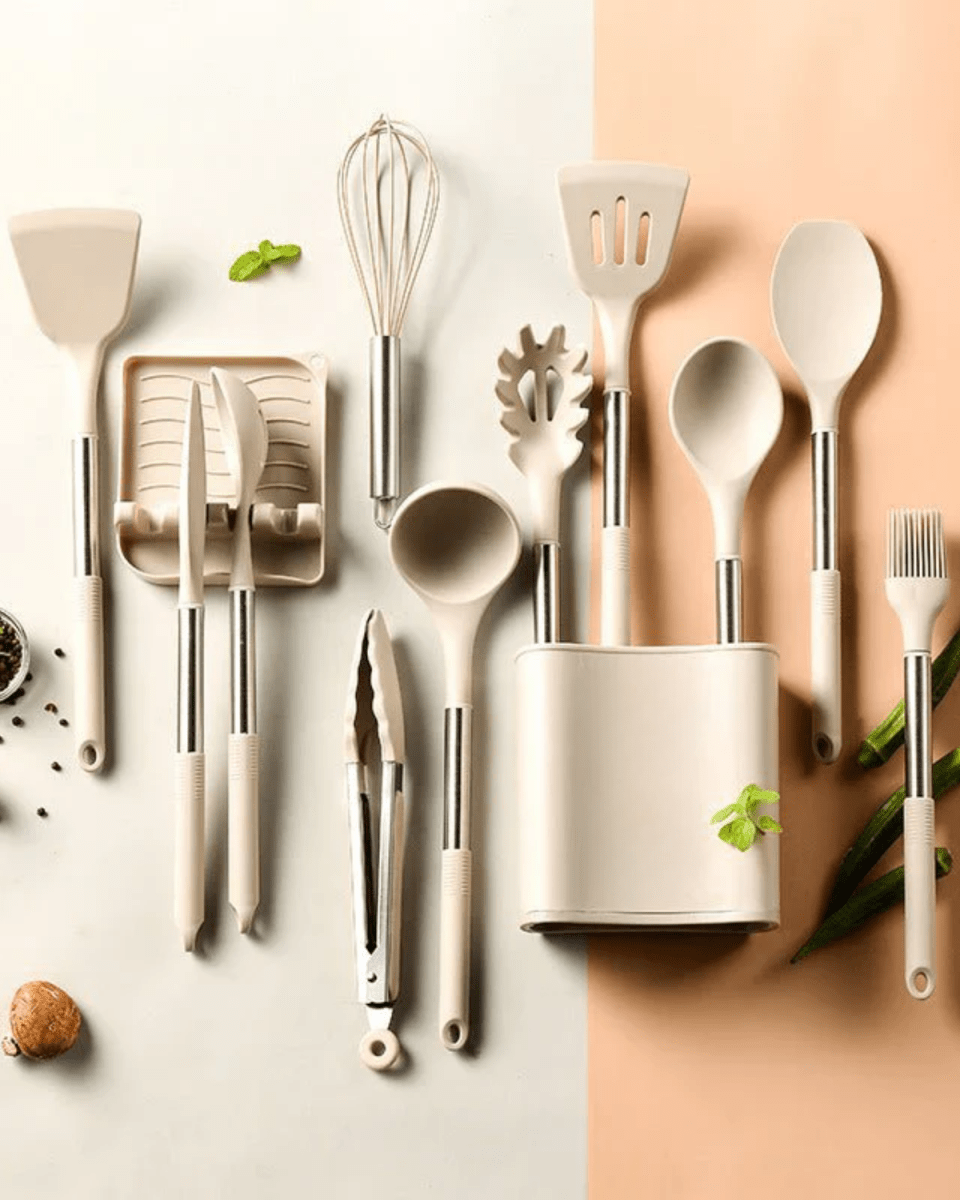 KITCHENORA – Komplettes Küchenhelfer-Set mit Silikonköpfen und Griffen in Holzoptik