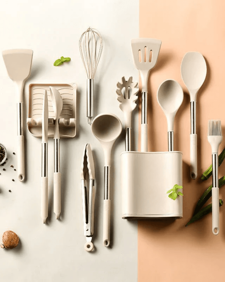 KITCHENORA – Komplettes Küchenhelfer-Set mit Silikonköpfen und Griffen in Holzoptik