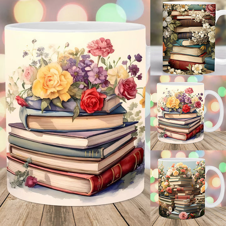 3D Kunstnerisk Vakker Floral Bøker Kaffe Krus - Bokelsker Gave | Skanto