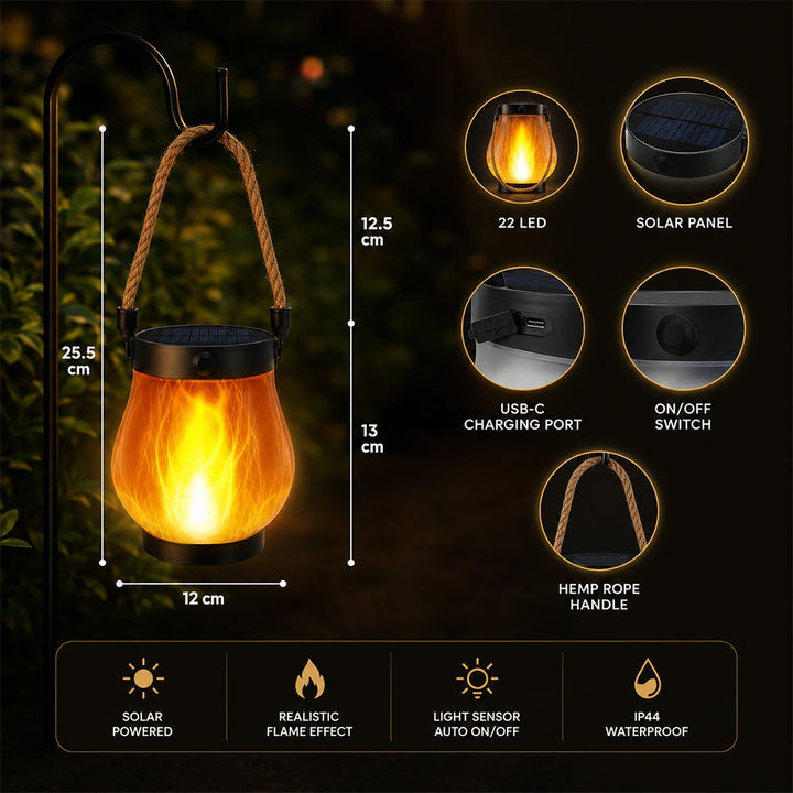 Solar Lantern Ø12 cm med Flamme Effekt Lys og Hamp Tau | Skanto