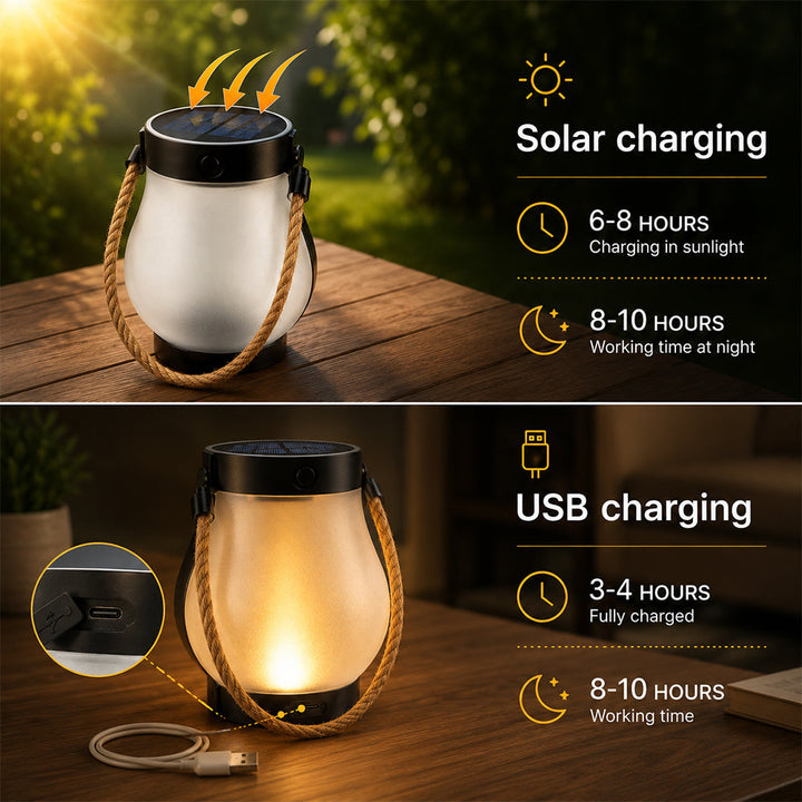 Solar Lantern Ø12 cm med Flamme Effekt Lys og Hamp Tau | Skanto