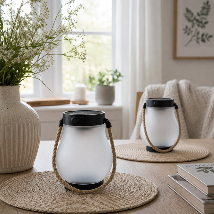 Solar Lantern Ø12 cm med Flamme Effekt Lys og Hamp Tau | Skanto