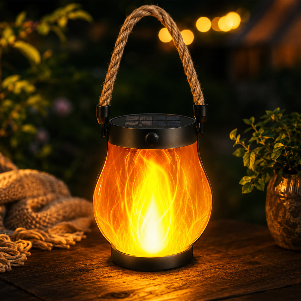 Solar Lantern Ø12 cm med Flamme Effekt Lys og Hamp Tau | Skanto