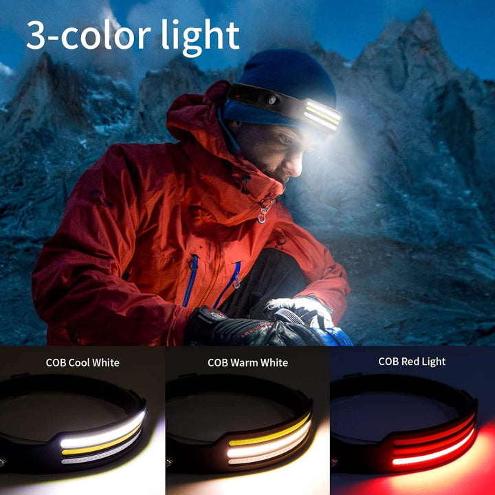 Skanto | LED Hodelykt 230º med Justerbar Lysstyrke og Lett Design for Camping, Vandring og Utendørsaktiviteter