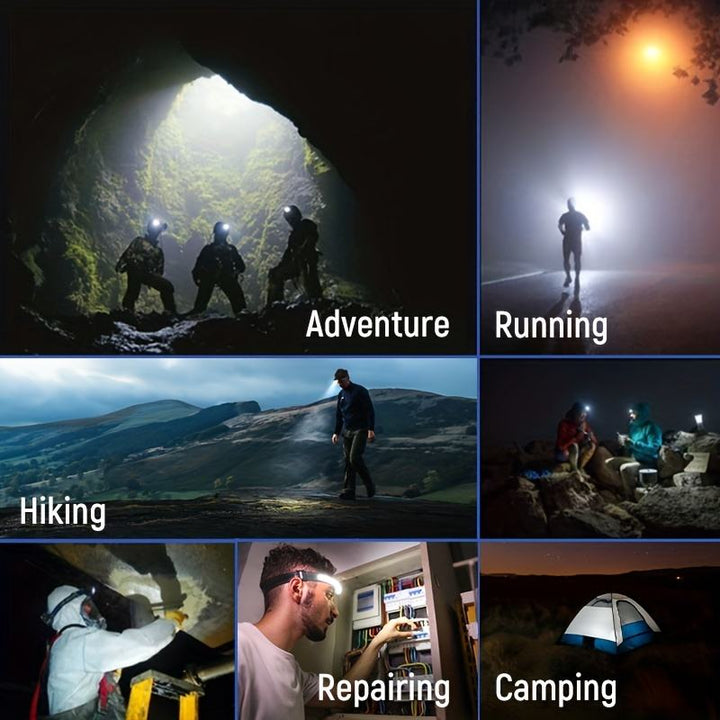 Skanto | LED Hodelykt 230º med Justerbar Lysstyrke og Lett Design for Camping, Vandring og Utendørsaktiviteter