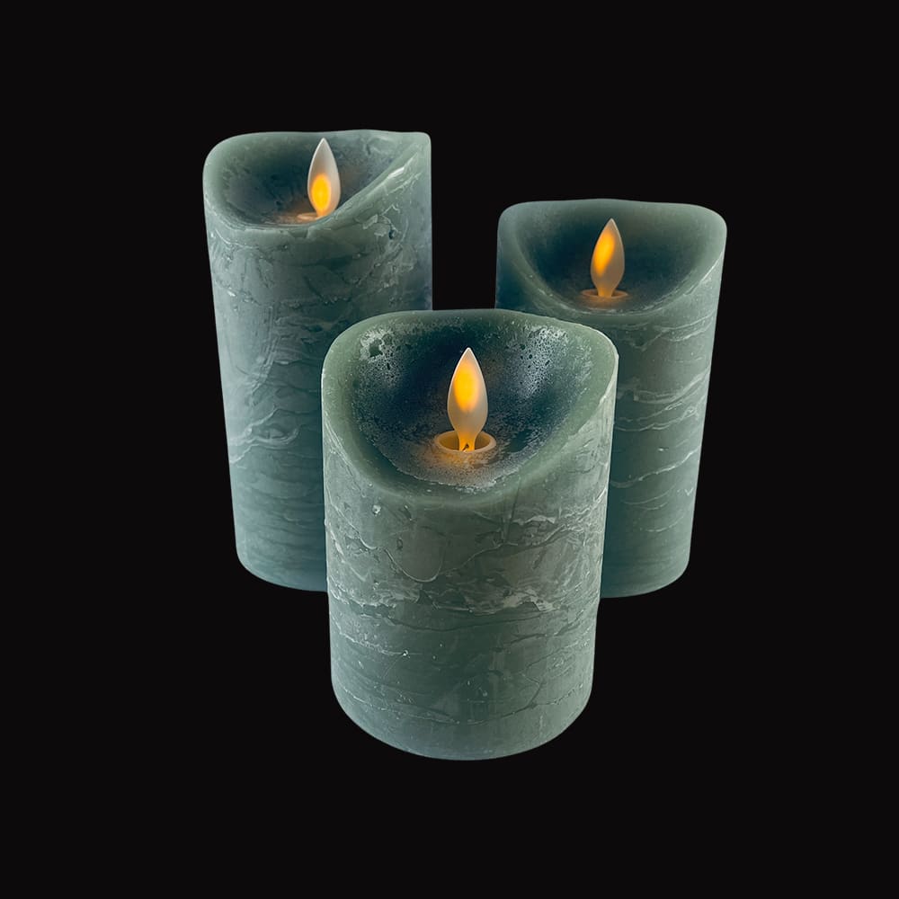 LED Lys - rustikk - 3 stykker - 10/12,5/15 cm - med 3D flamme - (ulike farger) | Skanto
