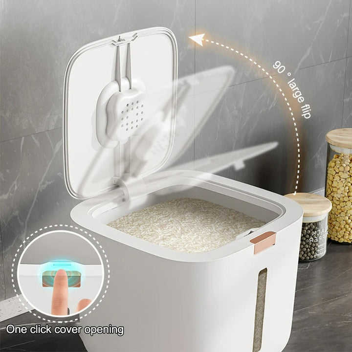 VoorraadKlik – Tettsikker dispenserboks med målebeger for ris og korn (5 eller 10 kg) | Skanto