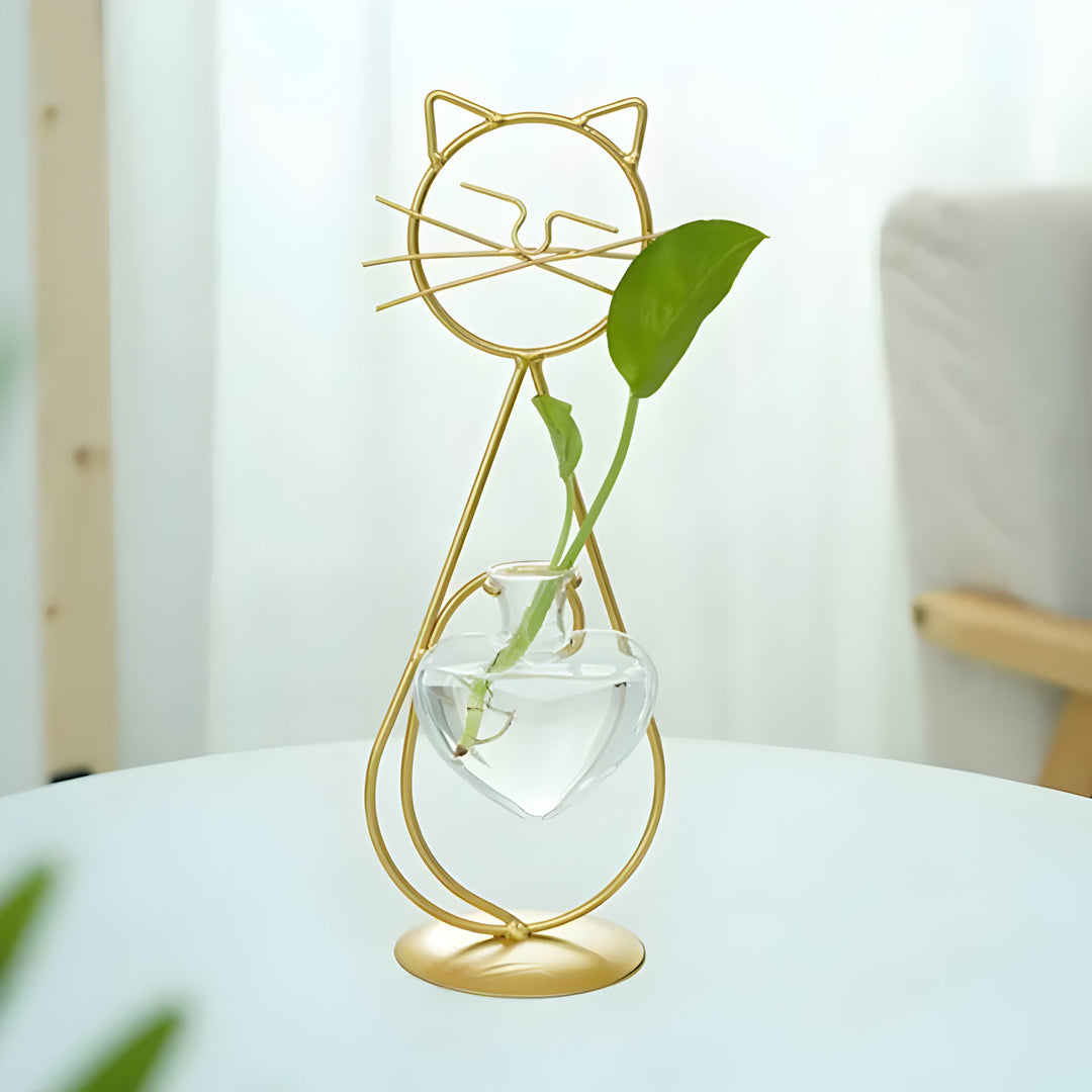 AquaPurr Vase - Hydroponisk Glass Hjertevase med Katteformet Holder | Skanto