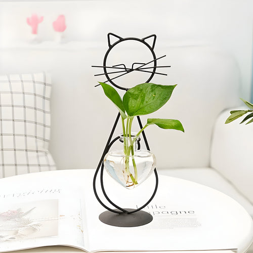 AquaPurr-vase – hydroponisk hjertevase i glass med katteformet holder