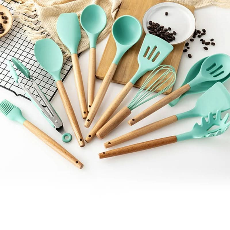 Ungiftiges, BPA-freies Silikon-Kochgeschirr-Set mit Holzgriffen Lattea