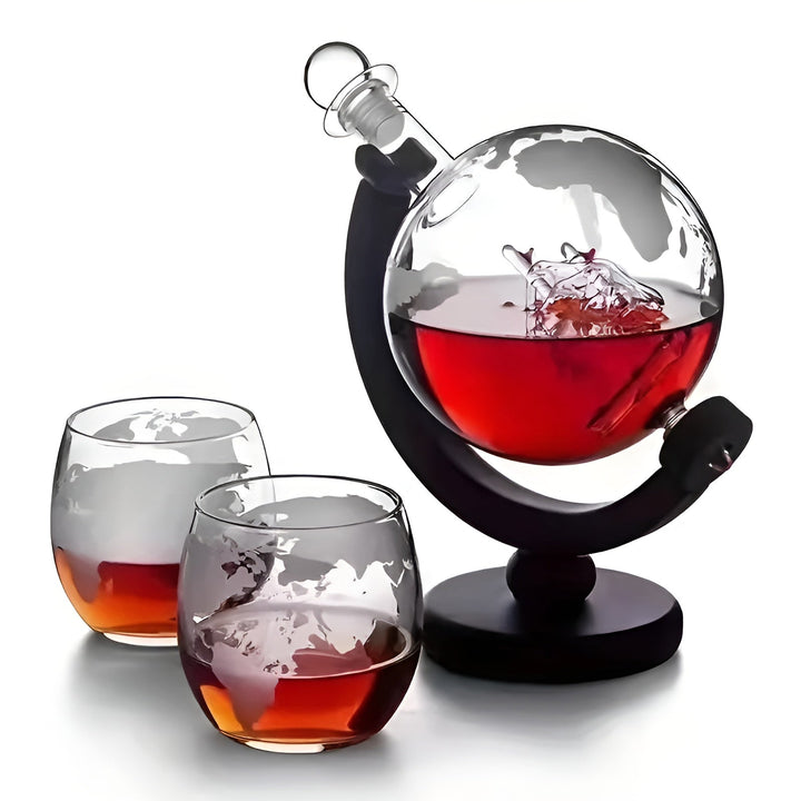 Kuleformet whiskykaraffelsett – blyfri karaffel med trestativ | Inkluderer 2 whiskyglass