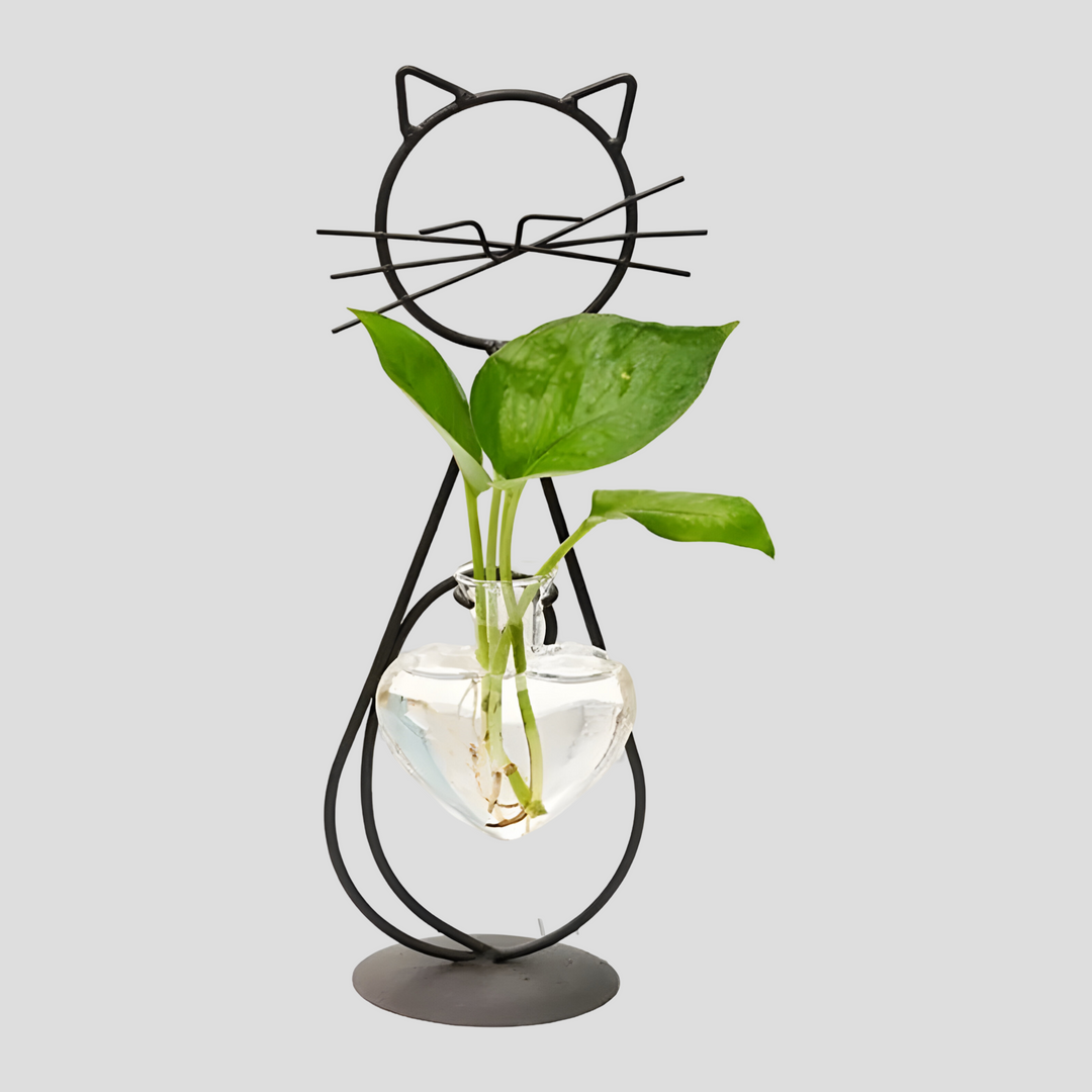 AquaPurr-vase – hydroponisk hjertevase i glass med katteformet holder