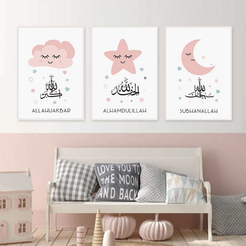 Pink Moon Stars Islamsk Lerret Veggkunst Trykk
