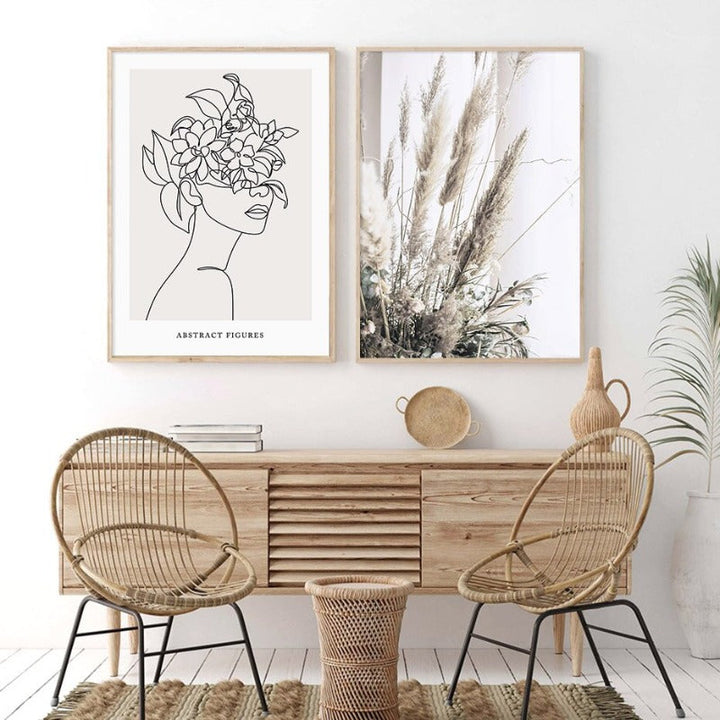 Abstrakt Hånd Skisse Linje Floral Boho Beige - Lerret Veggkunst Trykk | Skanto