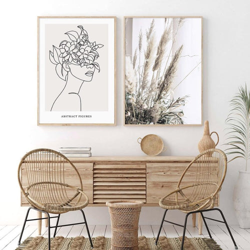 Abstrakt Hånd Skisse Linje Floral Boho Beige - Lerret Veggkunst Trykk | Skanto