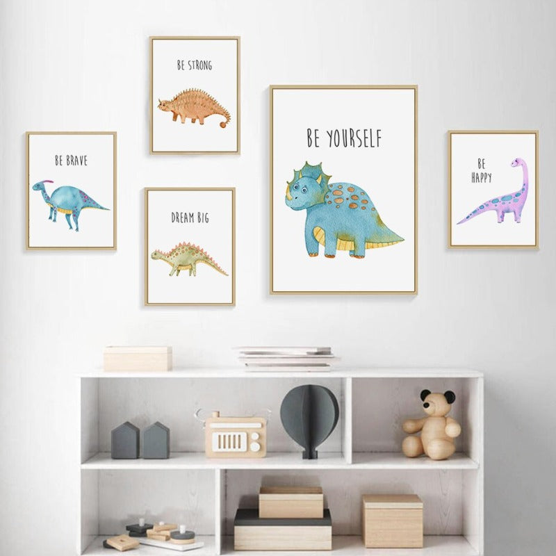 Cartoon Dinosaur Motivation - Lerret Veggkunst Trykk | Skanto