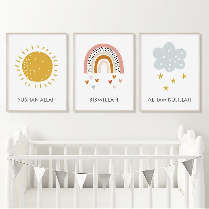 Cartoon Regnbue Sol Sky Islamisk - Lerret Veggkunst Trykk | Skanto