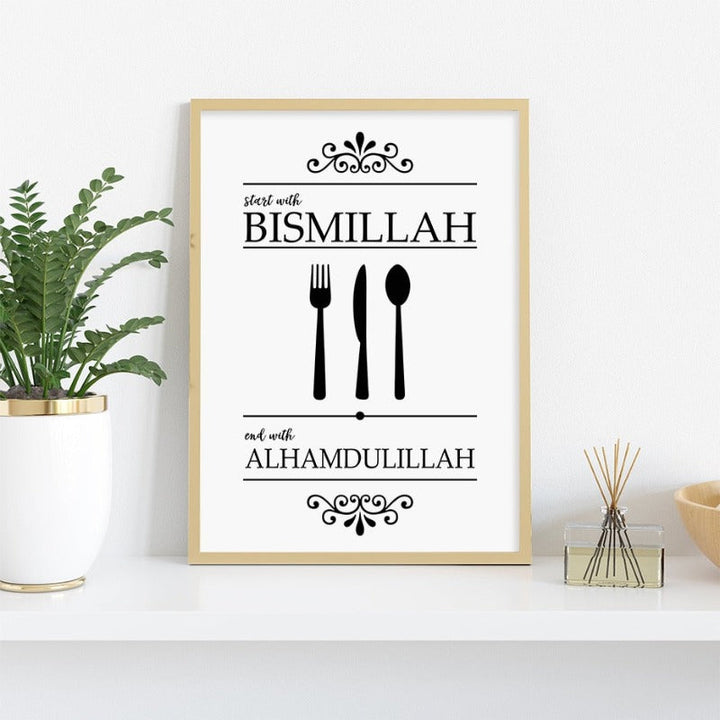 Islamisk Bismillah Alhamdulillah Svart og Hvit Kjøkken - Lerret Veggkunst Trykk
