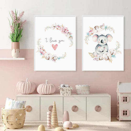 Loving Koala Mor & Baby Girlander - Lærred Veggkunst Trykk