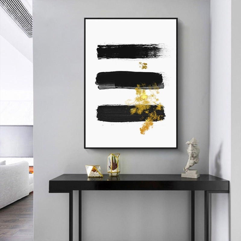 Abstract Svart & Gull Penselstrøk - Lerret Veggkunst Trykk | Skanto