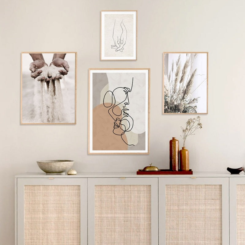 Abstrakt Hånd Skisse Linje Floral Boho Beige - Lerret Veggkunst Trykk | Skanto