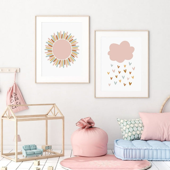 Boho Pink Rainbow Clouds Sunshine Nursery - Lerret Veggkunst Trykk | Skanto