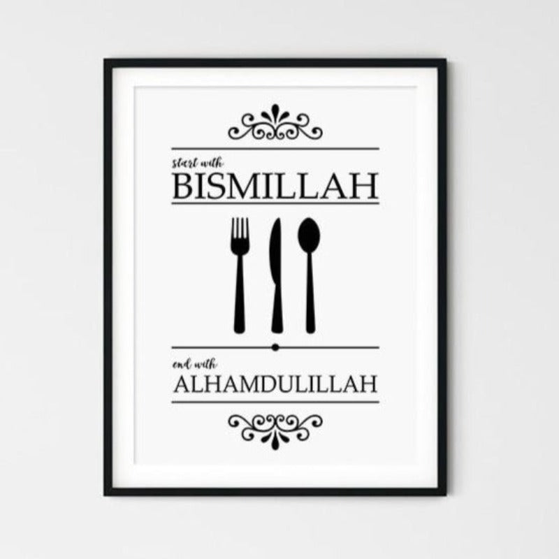 Islamisk Bismillah Alhamdulillah Svart og Hvit Kjøkken - Lerret Veggkunst Trykk