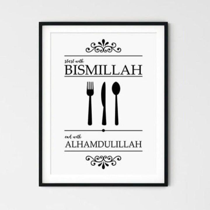Islamisk Bismillah Alhamdulillah Svart og Hvit Kjøkken - Lerret Veggkunst Trykk