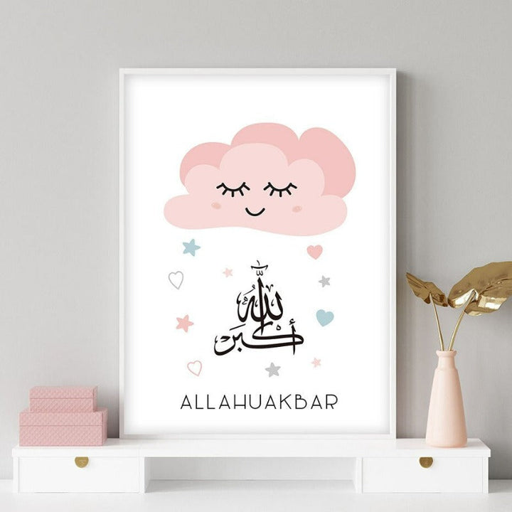 Pink Moon Stars Islamsk Lerret Veggkunst Trykk
