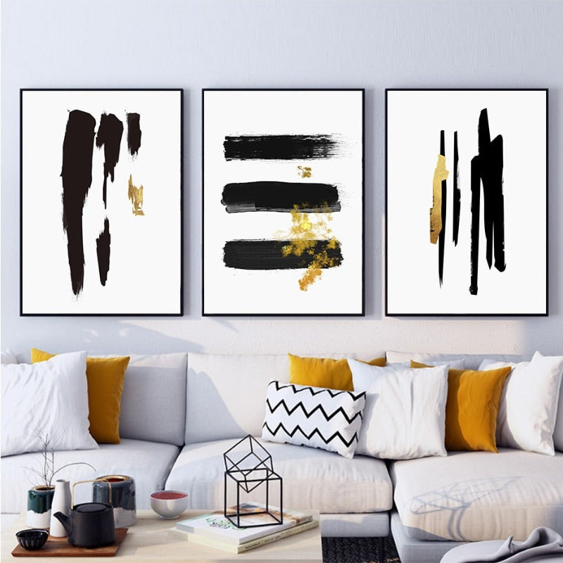 Abstract Svart & Gull Penselstrøk - Lerret Veggkunst Trykk | Skanto