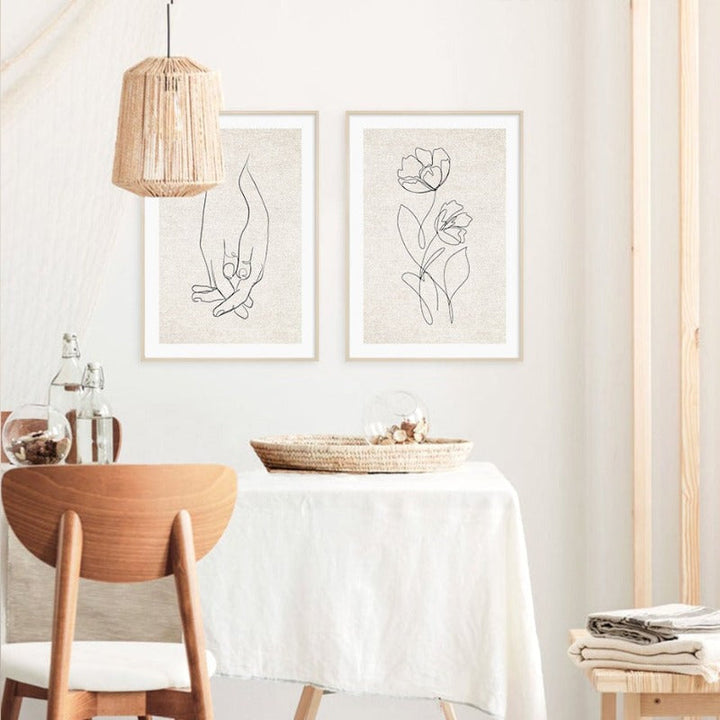 Abstrakt Hånd Skisse Linje Floral Boho Beige - Lerret Veggkunst Trykk | Skanto
