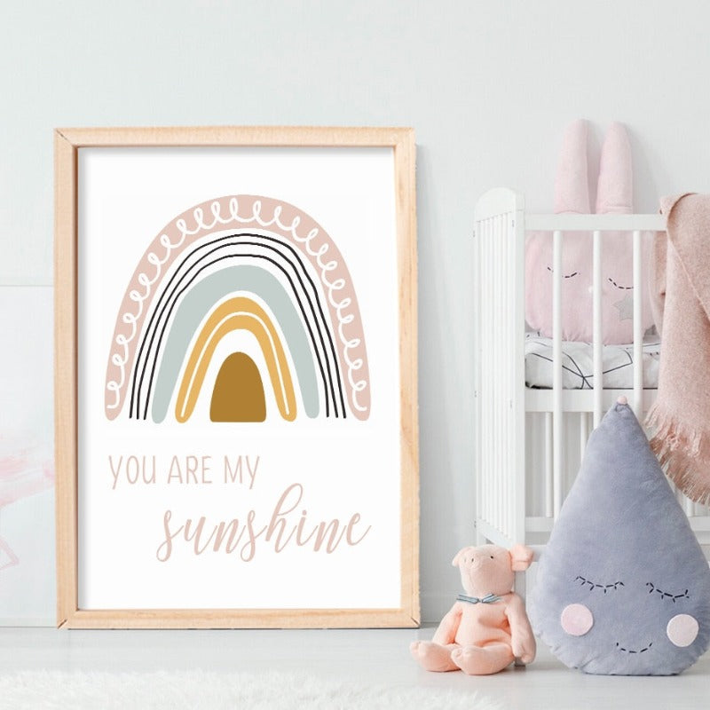 Boho Pink Rainbow Clouds Sunshine Nursery - Lerret Veggkunst Trykk | Skanto