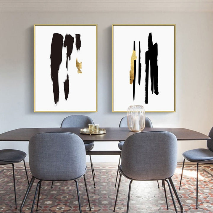 Abstract Svart & Gull Penselstrøk - Lerret Veggkunst Trykk | Skanto