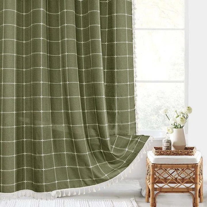 Skanto | Moderne Jacquard Lin Dusjforheng med Frynser (1 stk) │ For Nordisk Bad Dekorasjon