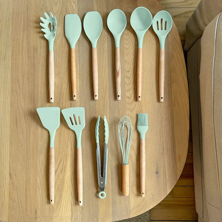 Ungiftiges, BPA-freies Silikon-Kochgeschirr-Set mit Holzgriffen Lattea