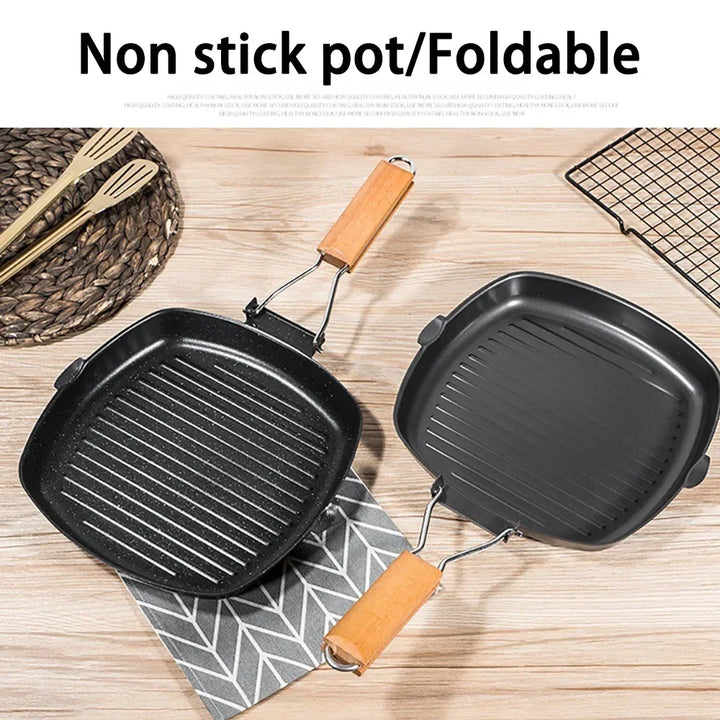 Non-stick støpejern grillpanne sammenleggbar stekepanne med trehåndtak | Skanto