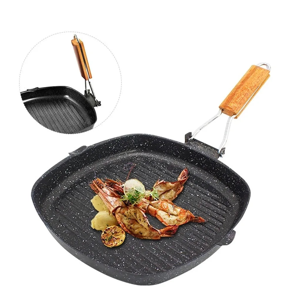 Non-stick støpejern grillpanne sammenleggbar stekepanne med trehåndtak | Skanto