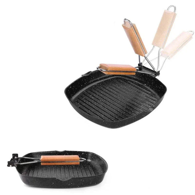 Non-stick støpejern grillpanne sammenleggbar stekepanne med trefork | Skanto