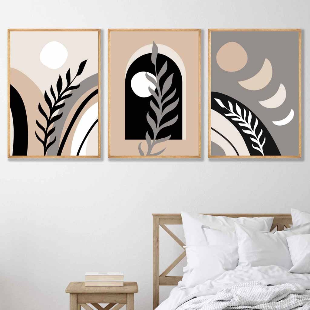Bohemsk, abstrakt sett med 3 veggkunstverk i svart, beige og grått