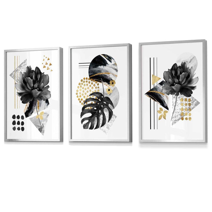 Abstrakte botaniske kunsttrykk i svart og gull / Innrammet