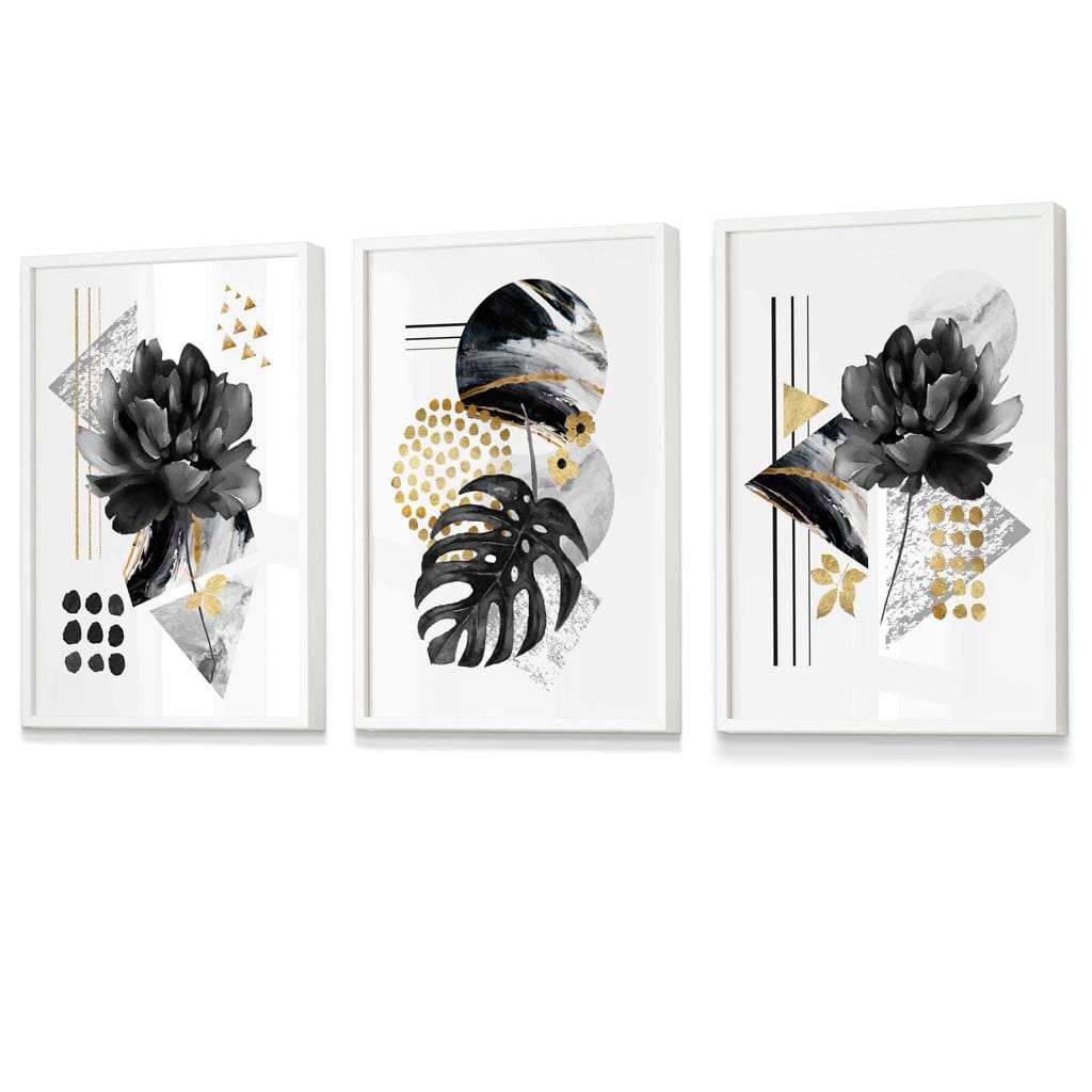 Abstrakte botaniske kunsttrykk i svart og gull / Innrammet