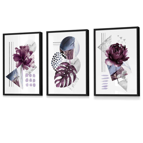 Abstrakt, lilla og sølvgrå blomsterveggkunst med rammer