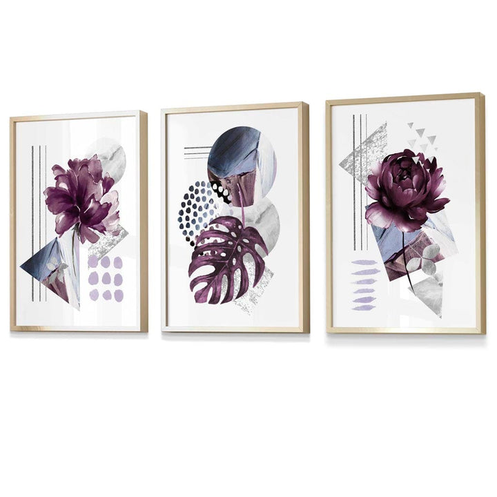 Abstrakt, lilla og sølvgrå blomsterveggkunst med rammer