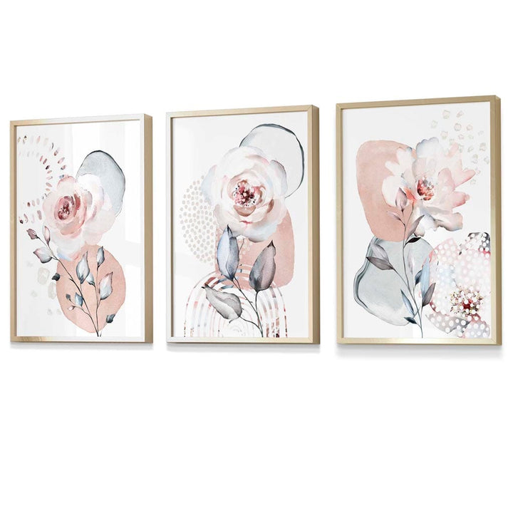 Abstrakt, rosa og grå blomsterveggkunst med rammer