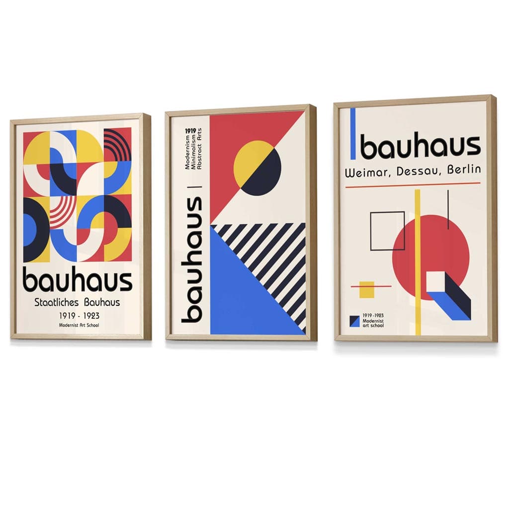 Bauhaus-mønster, rødt, blått og gult, geometrisk design, 3-delt sett med innrammede kunsttrykk
