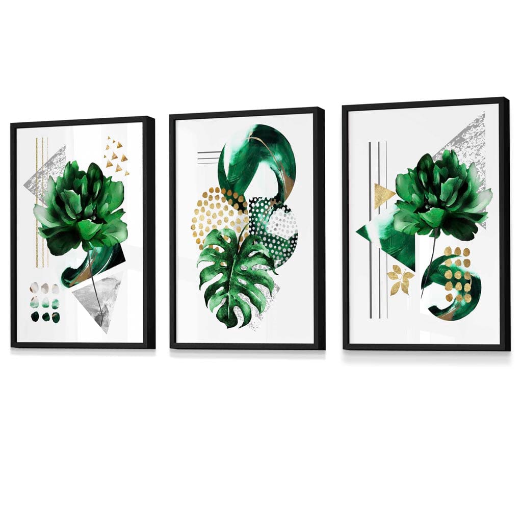 Sett med 3 innrammede veggkunstverk i grønt og gullfarget blomstermotiv