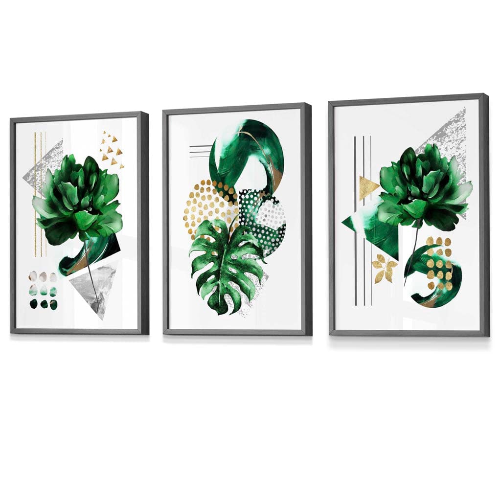Sett med 3 innrammede veggkunstverk i grønt og gullfarget blomstermotiv