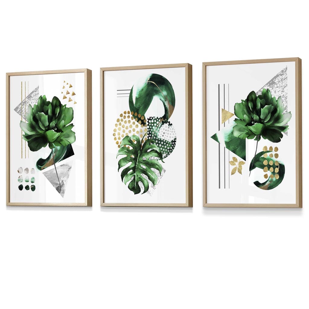 Sett med 3 innrammede veggkunstverk i grønt og gullfarget blomstermotiv